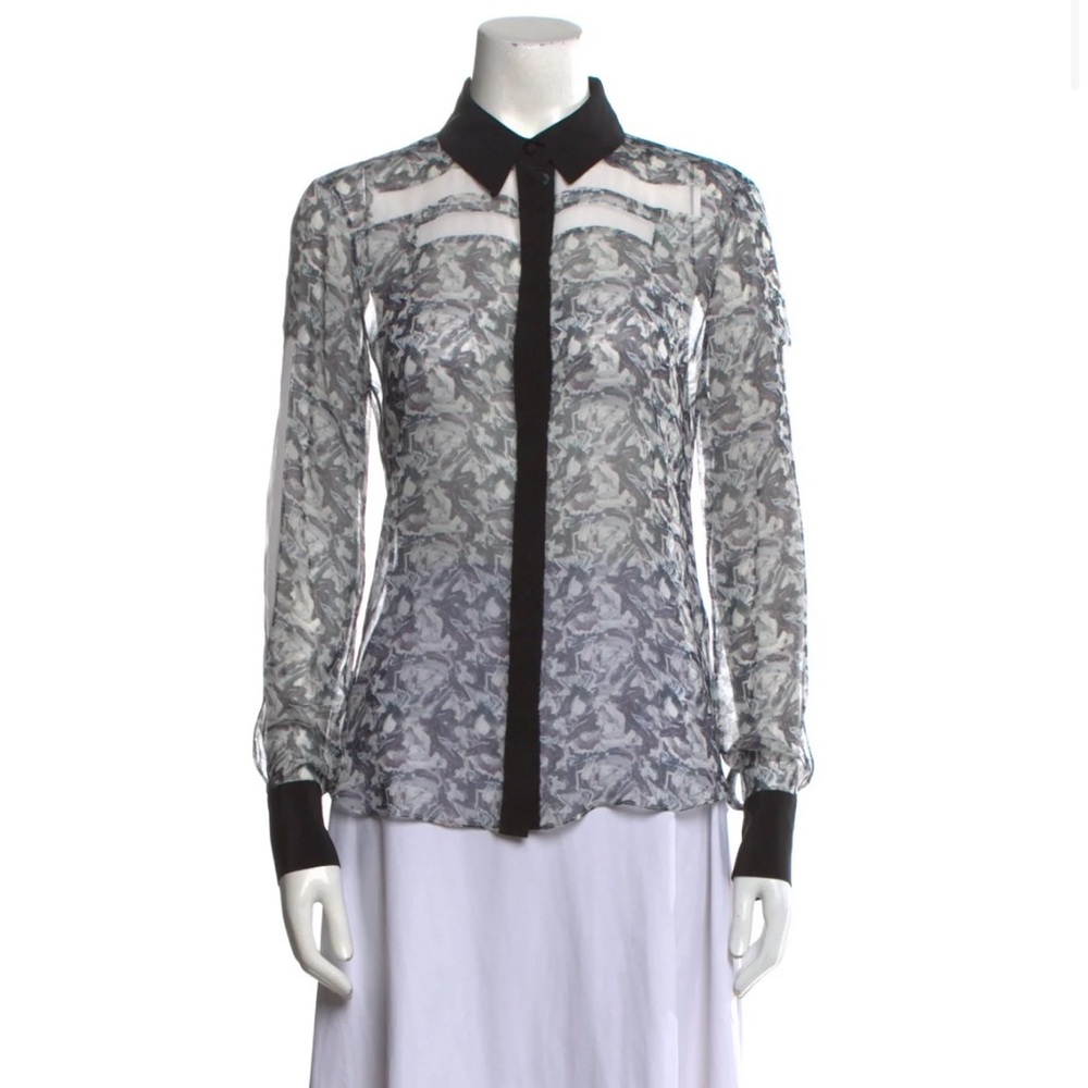 Prabal Gurung Elegant Black and Gray Women's Top silk button up shirt sheer top